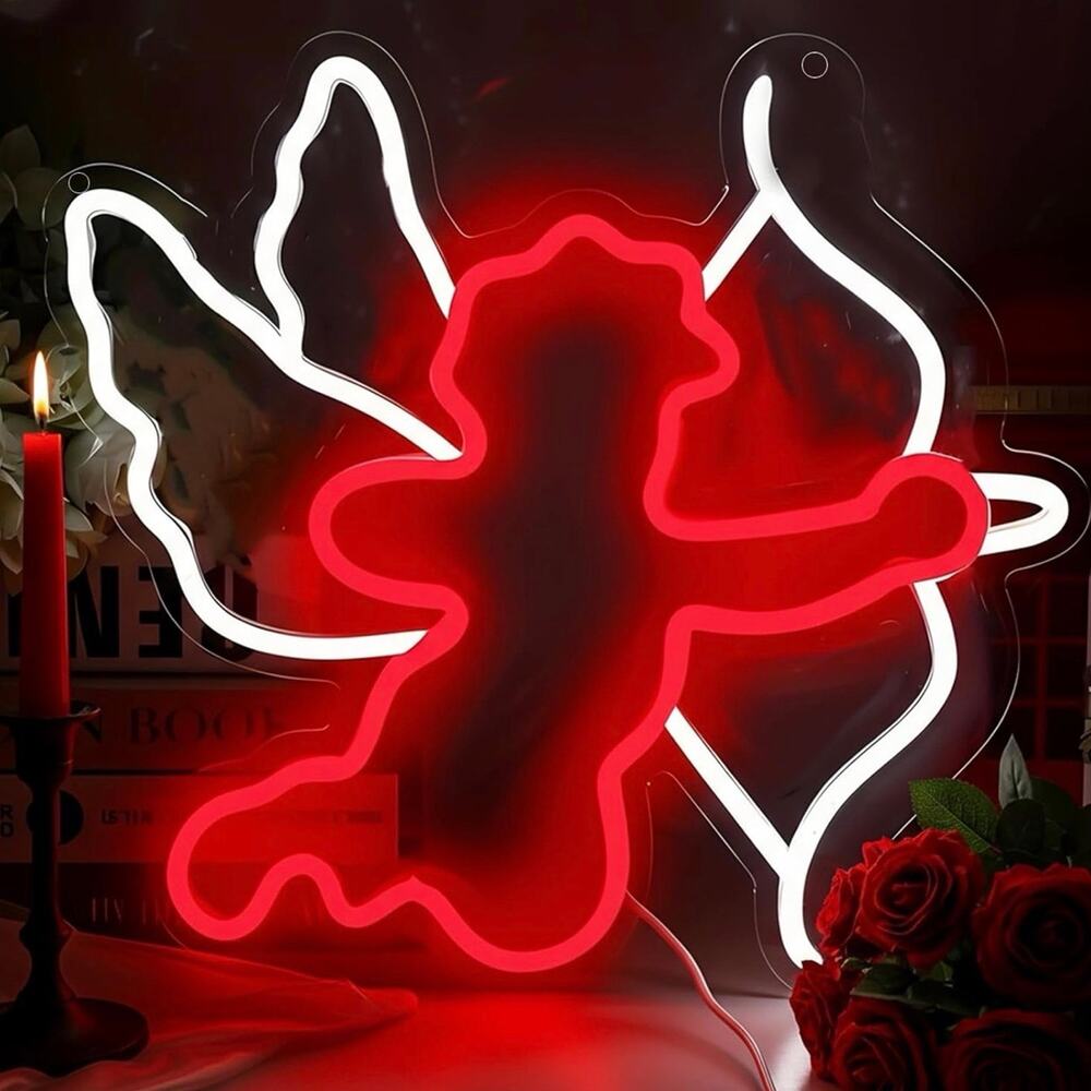 Cupid Neon Sign Red Ans White Night Light Room Wall Decor